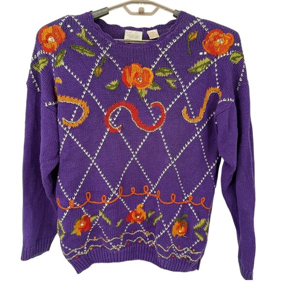 Needles & Yarn Vintage Pumpkin Halloween Fall Sweater Purple Size Medium - Picture 1 of 6